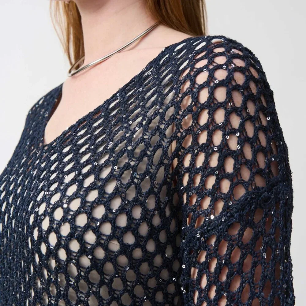 NEW JOSEPH RIBKOFF Midnight Blue Stitch Sweater with Sequins Size S/P